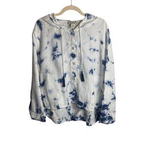 Rachel Zoe Size Large Linen Hooded Button Down Blouse Tie Dye Costal Beah Boxy